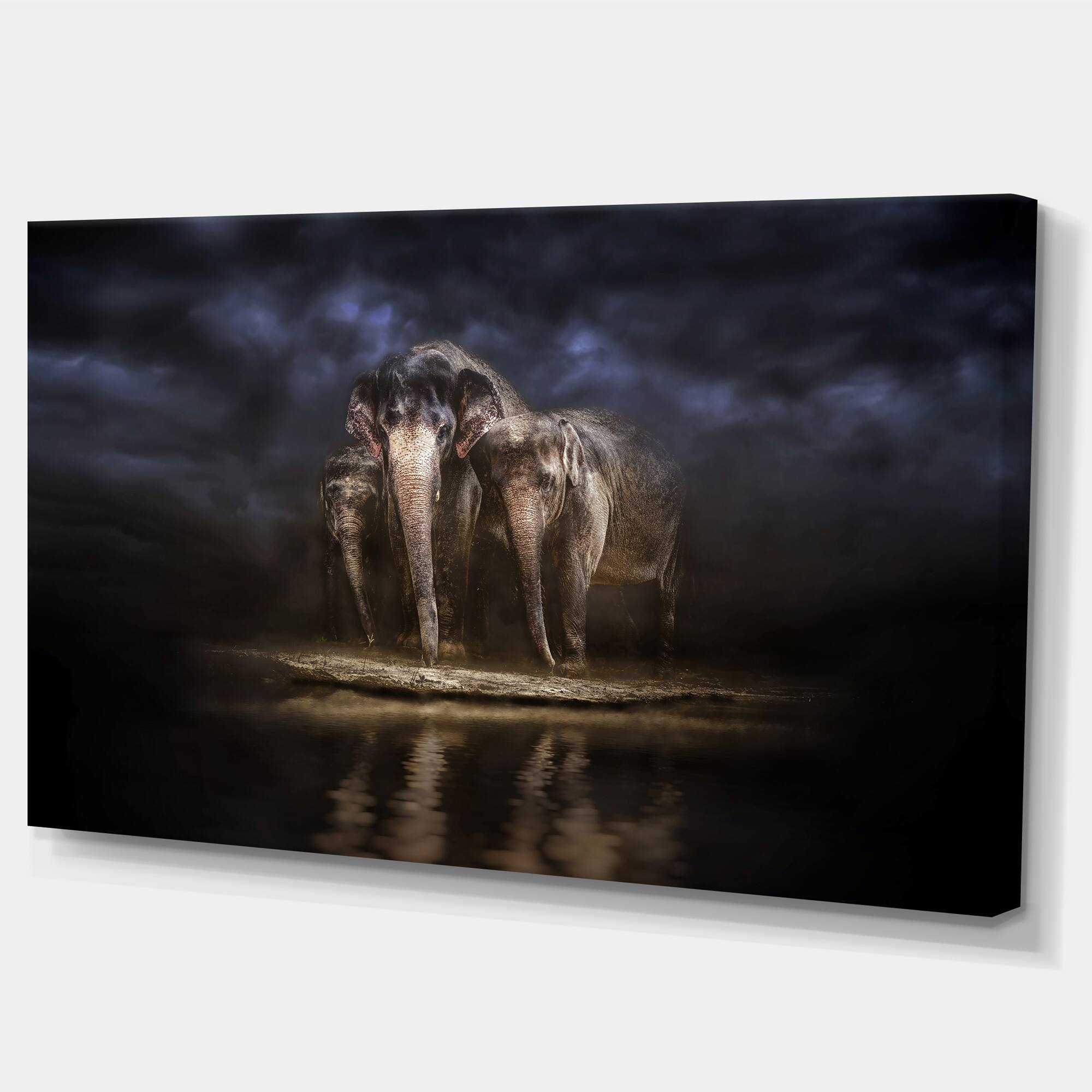 Designart - Elephants Watering in the River - Large Animal Canvas Art Print